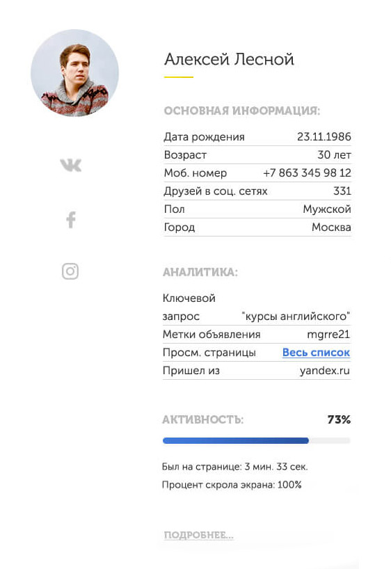 Пример досье на посетителя вашего сайта